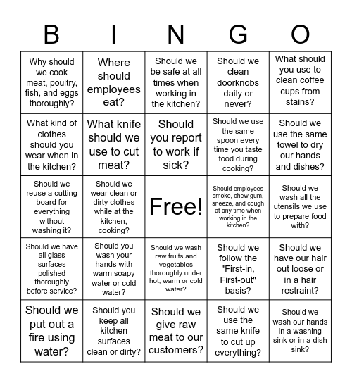 Food safety Bingo Card