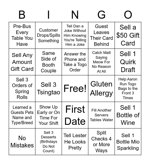 Friday Night Bingo Card