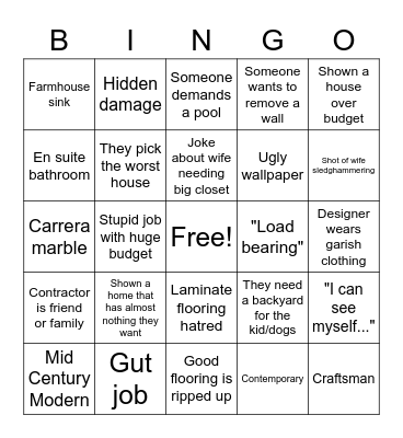 House Hunters Renovation 2.0 Bingo Card