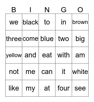 sight words Bingo Card