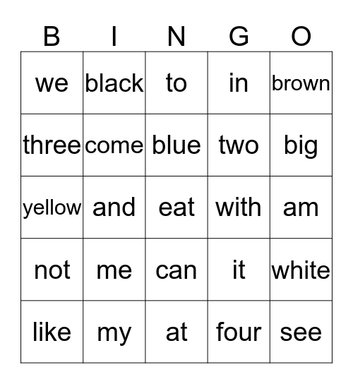 sight words Bingo Card