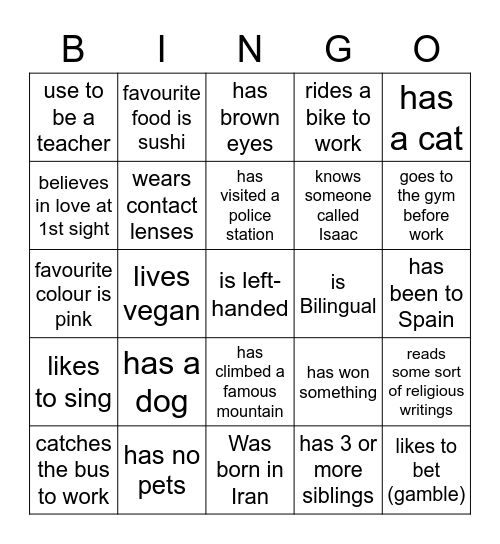 Get to know each other. Find a person who/se... Bingo Card
