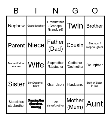 Family Vocabulary Bingo Card