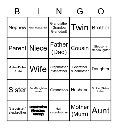 Family Vocabulary Bingo Card