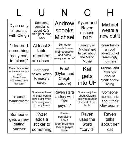 Lunch Table Bingo Card