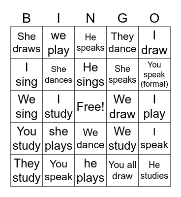 Ar Verbs Present Tense Bingo Card