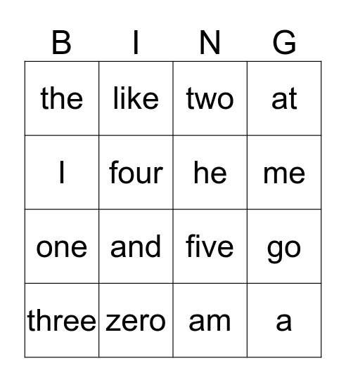 Sight Word Bingo Card