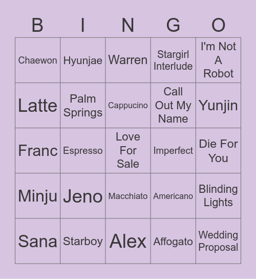 SY's Board Bingo Card