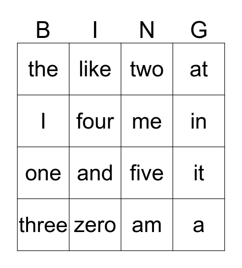 Sight Word Bingo Card