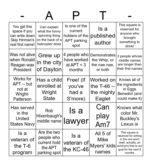 APT Who's Who Wingman Day Bingo Card