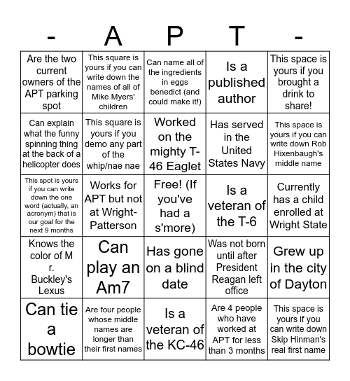 Who's Who in APT Wingman Day Bingo Card