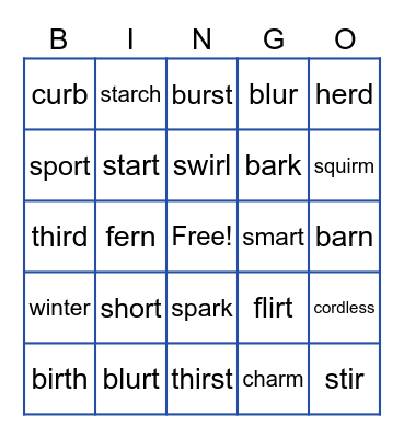 R Controlled Vowel Bingo Card