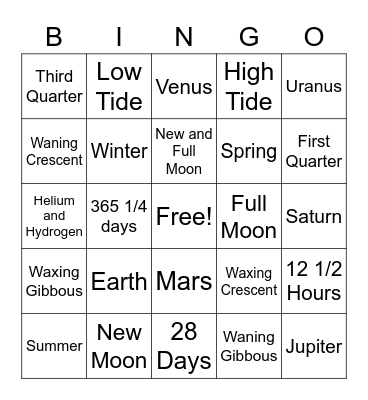 Solar System Bingo Card