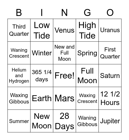 Solar System Bingo Card