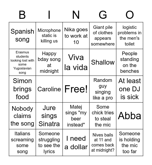 Holiday's karaoke Bingo Card