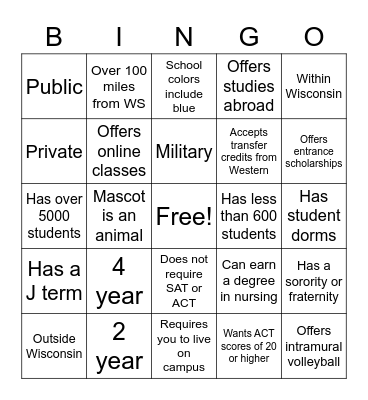 College Fair Bingo Card
