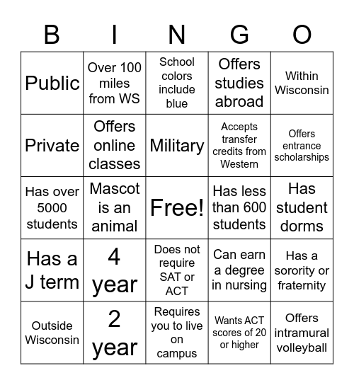 College Fair Bingo Card