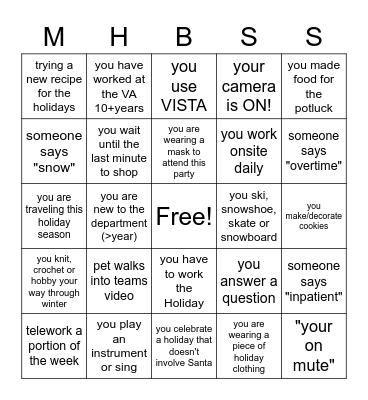 Holiday Mental Health Bingo Card