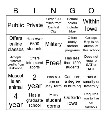 College Fair Bingo Card