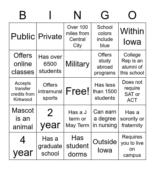 College Fair Bingo Card