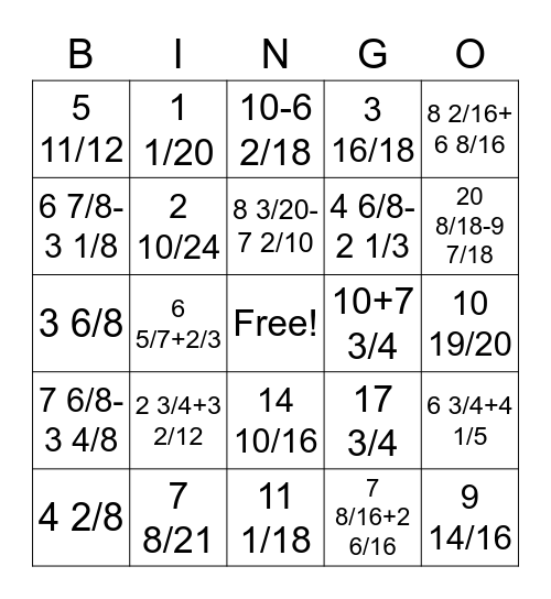 I can add and subtract fractions with unlike denminators Bingo Card