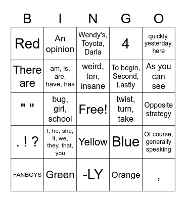 Winter Writing BINGO Card