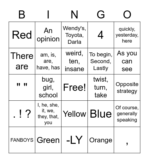 Winter Writing BINGO Card