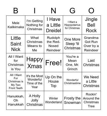 Holiday Song Bingo Card