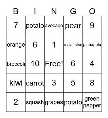 1 - 10 Fruit and Vegetable Bingo Card