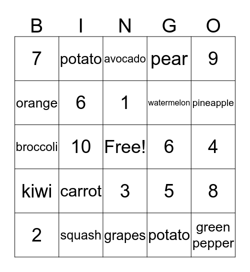 1 - 10 Fruit and Vegetable Bingo Card