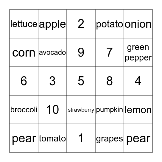 1 - 10 Fruit and Vegetable Bingo Card