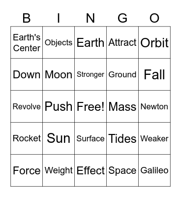 Gravity Bingo Card