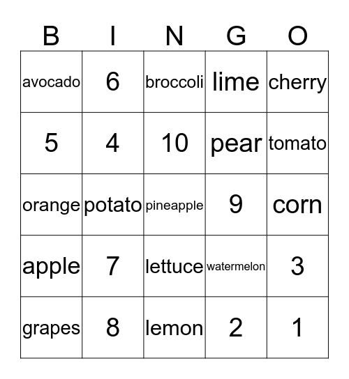 1 - 10 Fruit and Vegetable Bingo Card