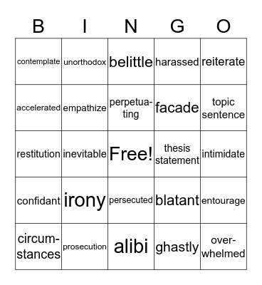 Vocabulary Unit 4 Bingo Card