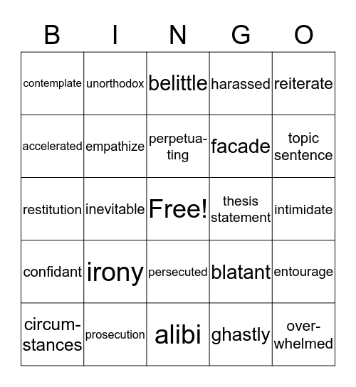 Vocabulary Unit 4 Bingo Card