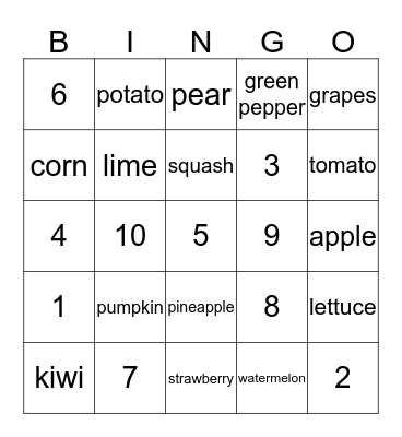 1 - 10 Fruit and Vegetable Bingo Card