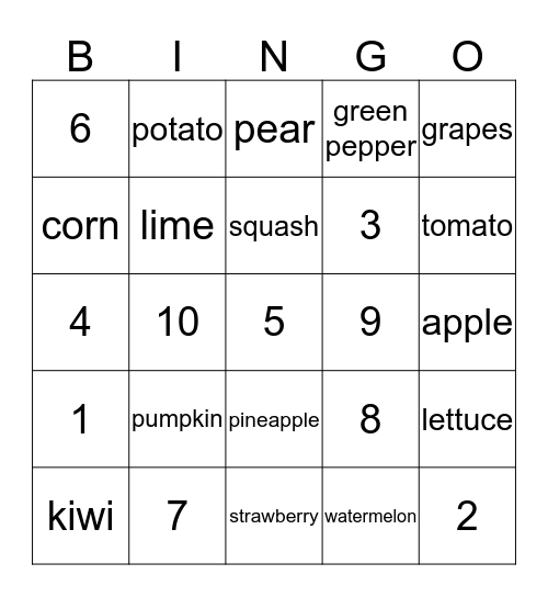 1 - 10 Fruit and Vegetable Bingo Card