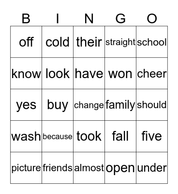 Unit 2 High Frequency Words Part 1 Bingo Card