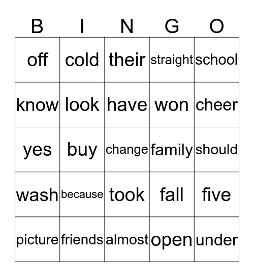 Unit 2 High Frequency Words Part 1 Bingo Card