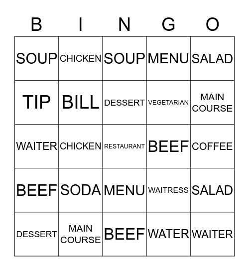 RESTAURANT Bingo Card