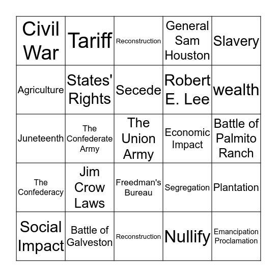 TEXAS & RECONSTRUCTION 1863-1874 Bingo Card