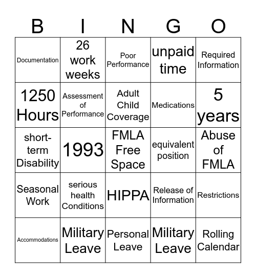 FMLA BINGO Card