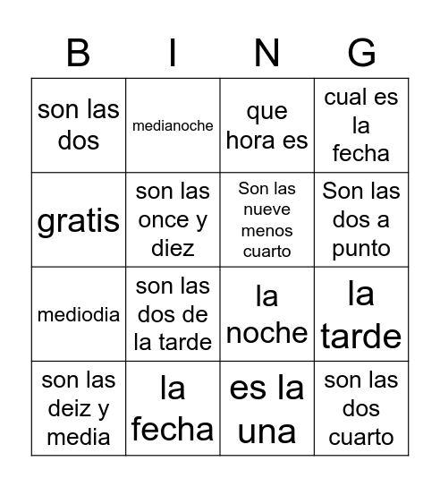 El Tiempo Bingo Card