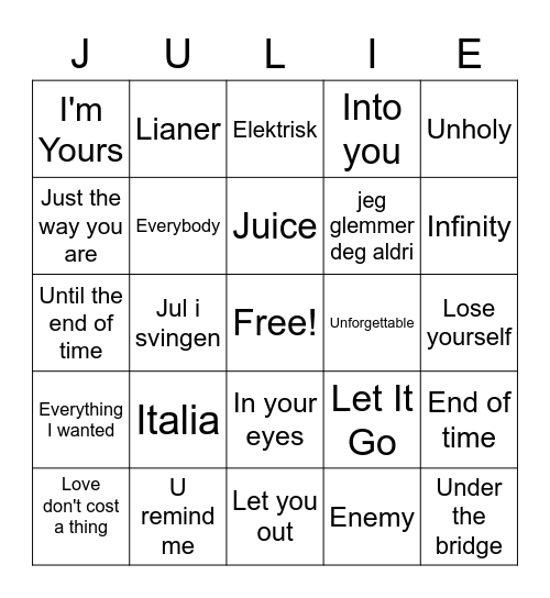 JULieFESTival Bingo Card