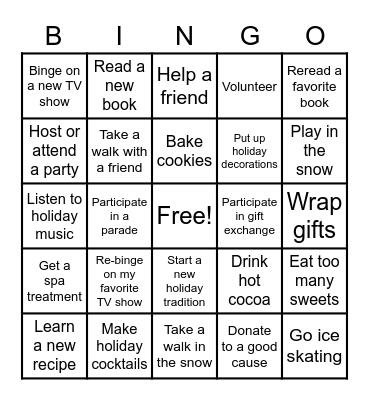 My Favorite Holiday Activities Bingo Card