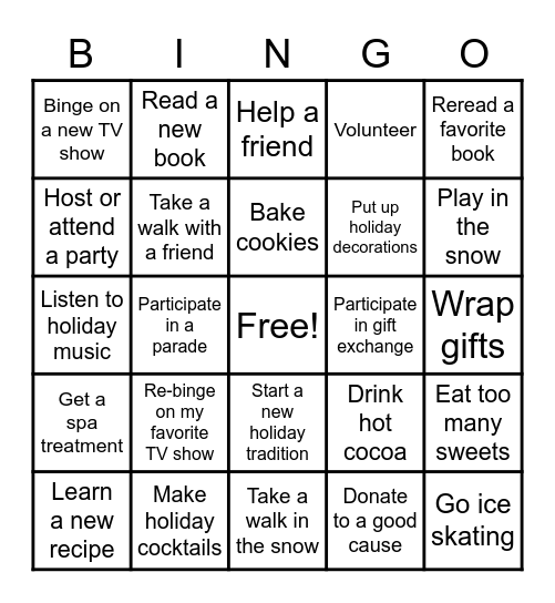 My Favorite Holiday Activities Bingo Card