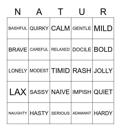 Nature Board Bingo Card