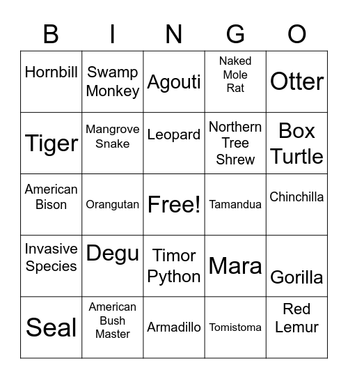 National Zoo Bingo Card