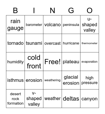 Weather and Landforms Bingo Card