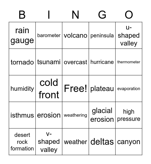 Weather and Landforms Bingo Card